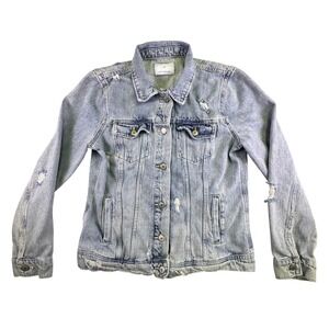 Old Navy Denim Trucker Jacket Women's Medium Distressed Light Wash Blue Boho
